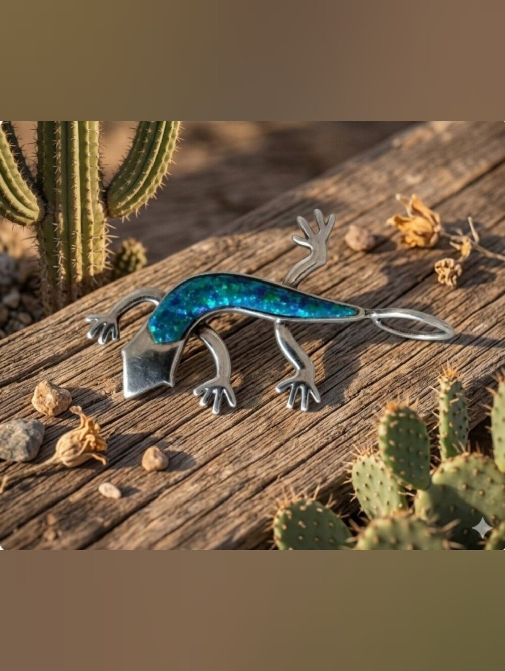 Sterling Silver Lizard Pendant with Blue Opal Inlay a unique piece Of Jewerly
